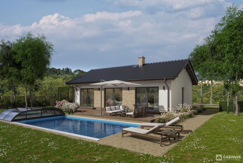 Vizualizace domu na klíč v projektu Domy Mcely s terasou, bazénem a zahradou