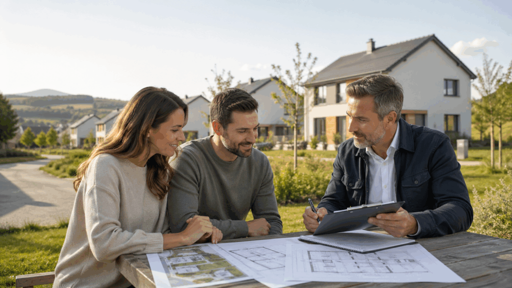Kupující konzultují výběr novostavby s developerem nad projektovou dokumentací v klidné rezidenční lokalitě