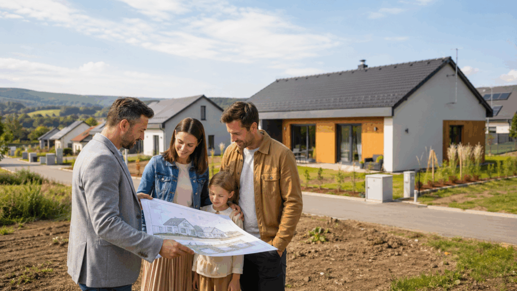 Rodina konzultuje koupi domu s pozemkem od developera v klidné rezidenční lokalitě