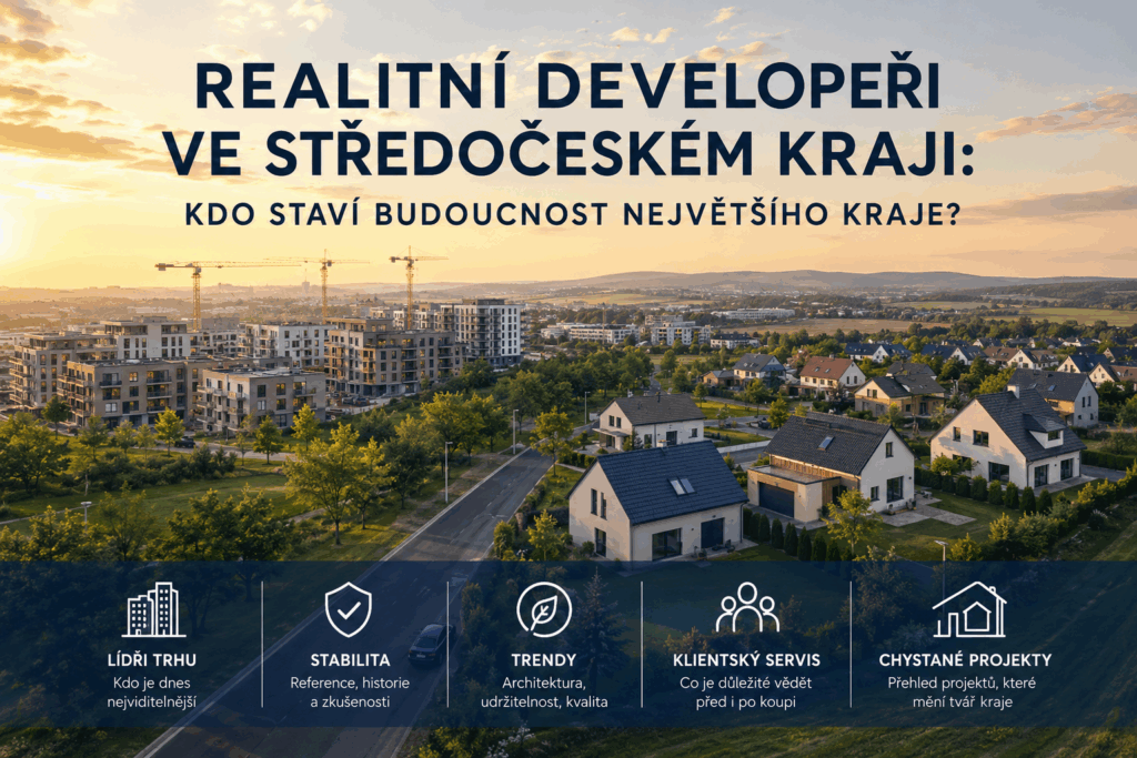 Moderní rezidenční výstavba ve Středočeském kraji s bytovými domy, rodinnými domy, zelení a ikonami hlavních témat developerského trhu
