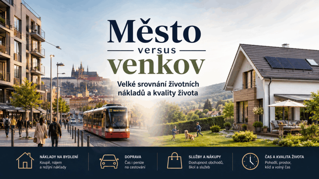 Srovnání života ve městě a na venkově s městskou ulicí, tramvají, rodinným domem se zahradou a ikonami nákladů, dopravy, služeb a kvality života