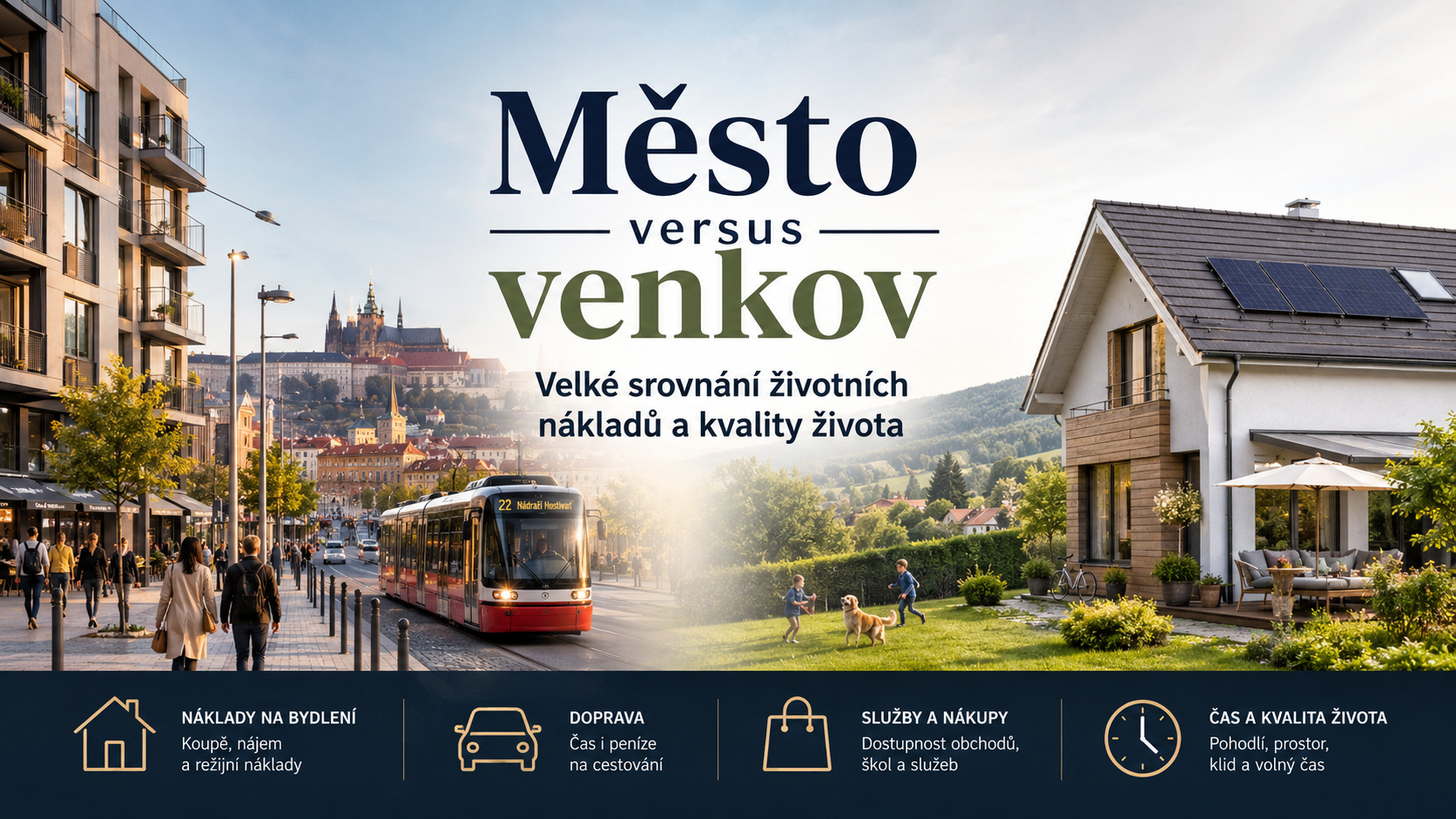 Srovnání života ve městě a na venkově s městskou ulicí, tramvají, rodinným domem se zahradou a ikonami nákladů, dopravy, služeb a kvality života