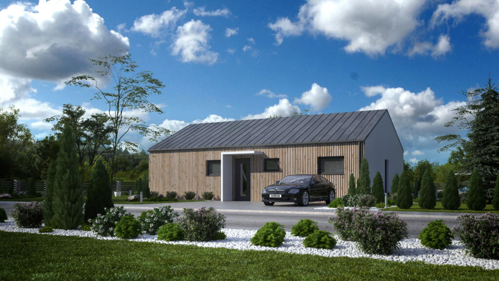 Moderní přízemní bungalov s dřevěnou fasádou, zahradou a parkovacím stáním