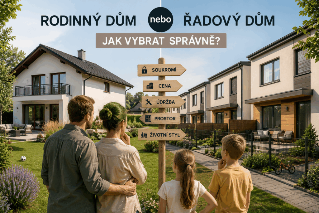 Rodina porovnává samostatný rodinný dům a řadové domy podle soukromí, ceny, údržby, prostoru a životního stylu
