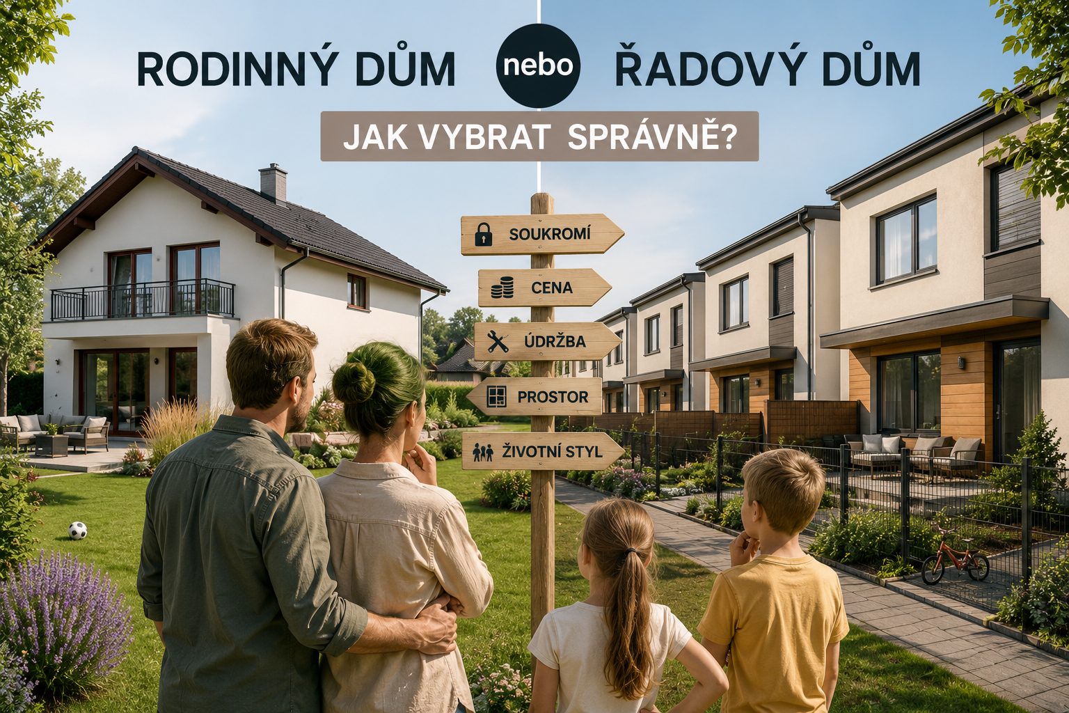 Rodina porovnává samostatný rodinný dům a řadové domy podle soukromí, ceny, údržby, prostoru a životního stylu