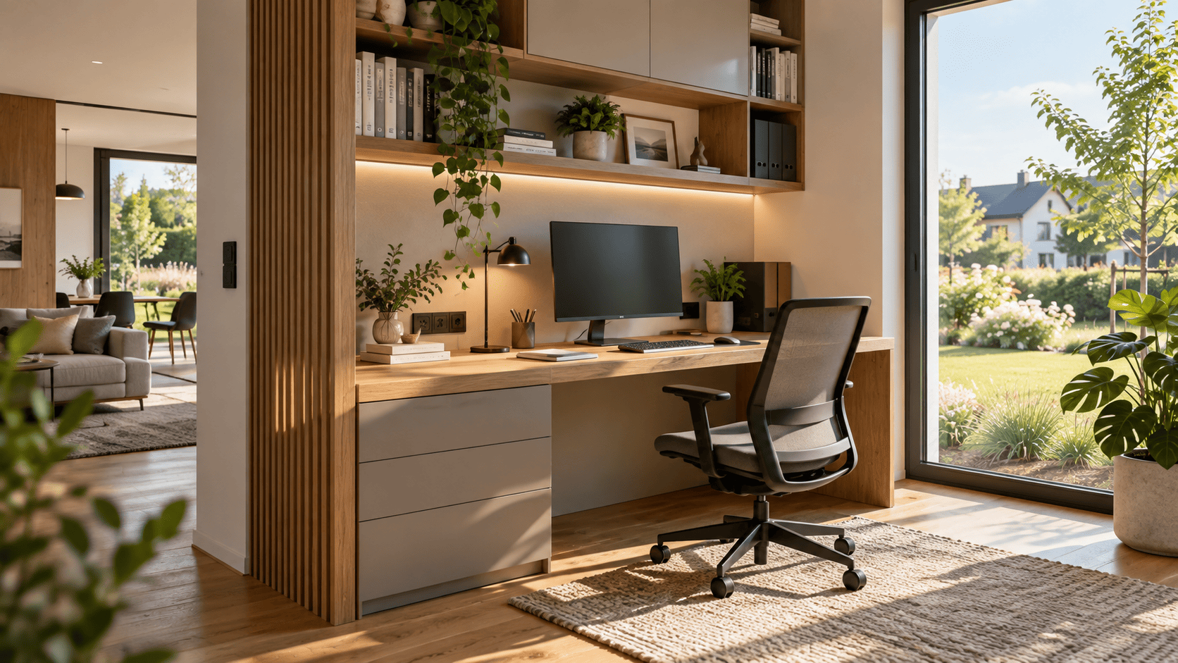 Home office s pracovním stolem v moderním rodinném domě